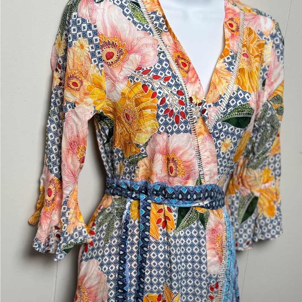 Farm Rio Anthropologie 100% Viscose Multicolor Floral Wrap Maxi Dress Size XSP - Picture 3 of 9